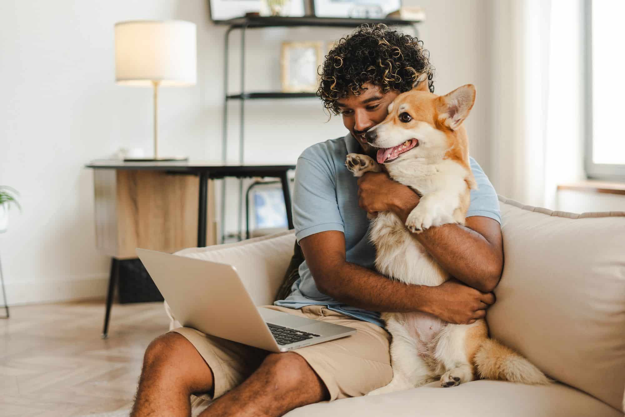 A person with a laptop holding a dog smiling at the alery fort myers rentals istock 2167466854